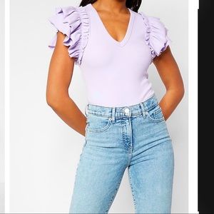 NWT Express XL V-Neck Lilac Purple Ruffle Sleeve Thong Bodysuit